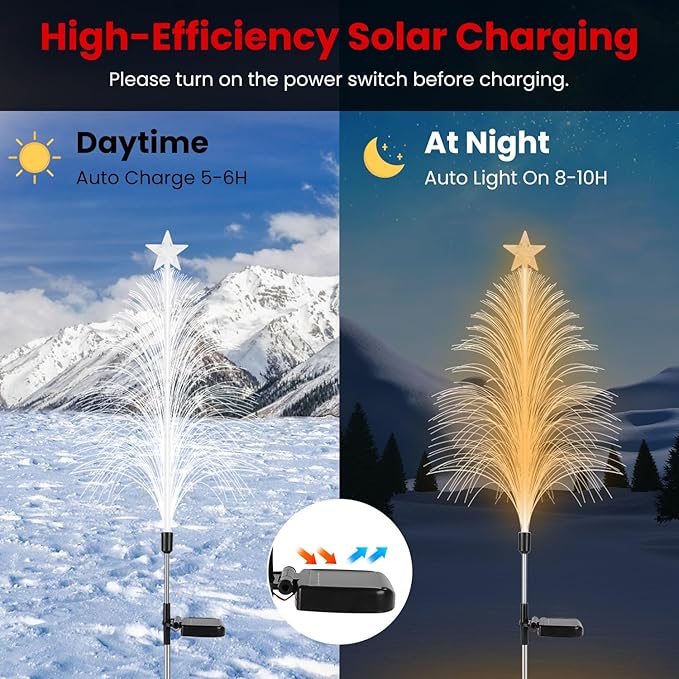 Solar Christmas Tree Lights, 4Pack 7 Color IP44 Waterproof Changing Solar Optical Fiber Stake Lights Christmas Decorations with Topper Star for Garden Yard Pathway Lawn Outdoor