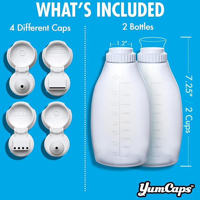 Squeeze Bottle with 4 Unique Cap Adapters – 2 Refillable Sauce Bottles For Condiments and Dressings - Drizzle Mess-Free, Precise Control