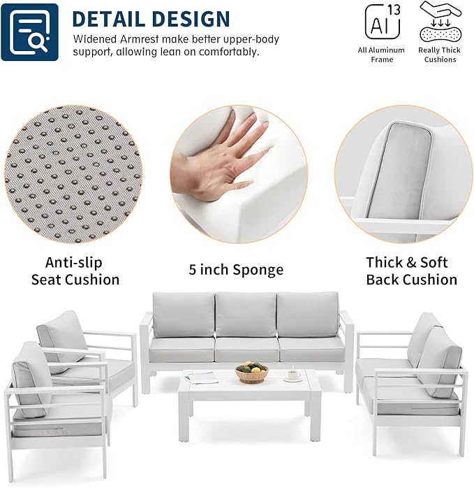 UDPATIO 8 Piece Aluminum Patio Furniture Set, Oversized Modern Outdoor Furniture Set with Olefin Fabric Cushion for Patio Deck Backyard, White(with Waterproof Covers)