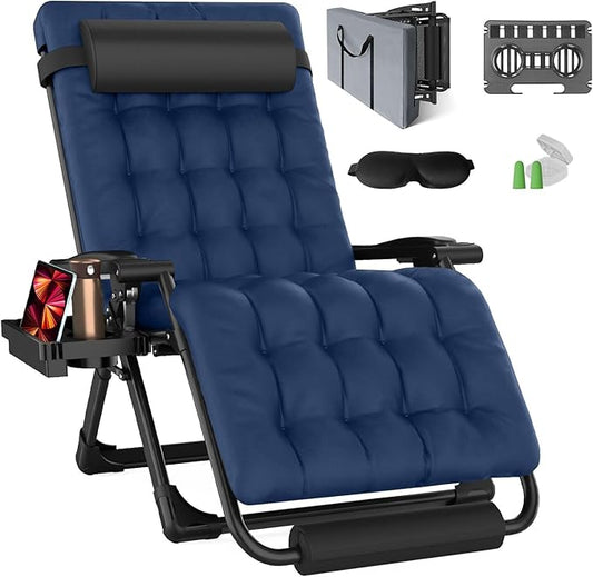 XXL Zero Gravity Lounge Chair 33", Oversized Padded Folding Recliner for Patio with Storage Bag, Removable Cushion, Footrest, Full Aluminum Lock & Large Cup Holder, Supports 500 lbs, Blue