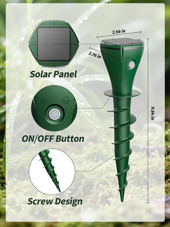 Mole Repellent Solar Powered for Lawns, Waterproof Gopher & Groundhog Repellent with Variable Sonic Vibration, Easy Twist Stakes for Yard & Garden, Get Rid of Voles Snakes (8, Green)