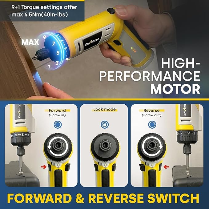Enventor 4V Cordless Power Screwdriver Kit, Electric Screwdriver Set with 52pcs Accessories, 2000mAh Battery, Type-C Charging, 4.5Nm Screw Gun, 9+1 Torque Setting, 2 Position Handle, LED & Flashlight