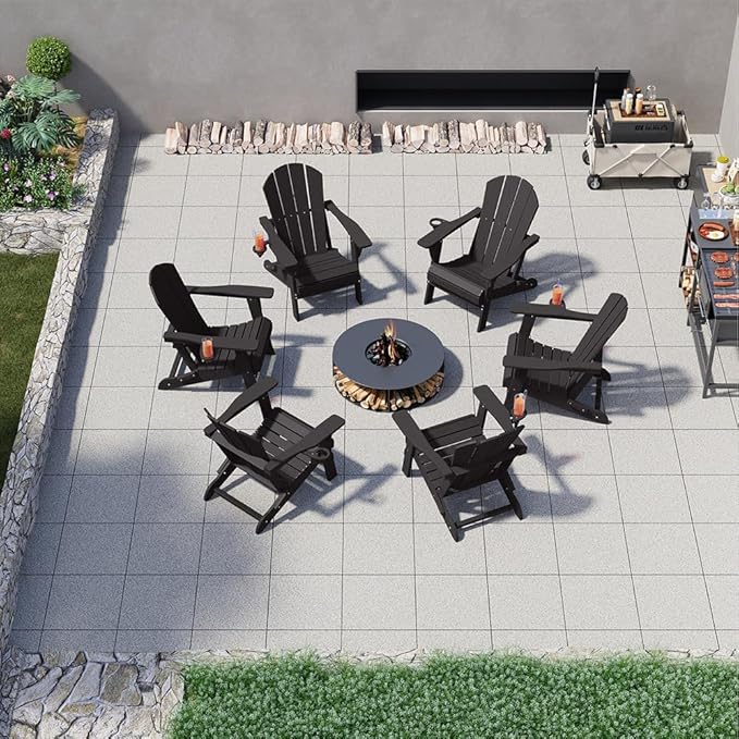 Folding Adirondack Chairs with Cup Holders, Set of 6 HDPE Plastic Outdoor Chairs, Weather Resistant, Real Wood Look, Heavy-Duty Patio Furniture for Deck, Fire Pit, Backyard, Black