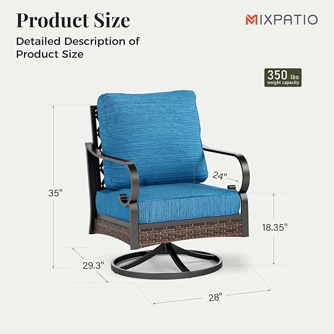 Outdoor Patio Swivel Sofa Chairs Set of 2 Steel Frame Porch Furniture with Deep Seating and 5.75" Cushions for Lawn Backyard Deck, Peacock Blue