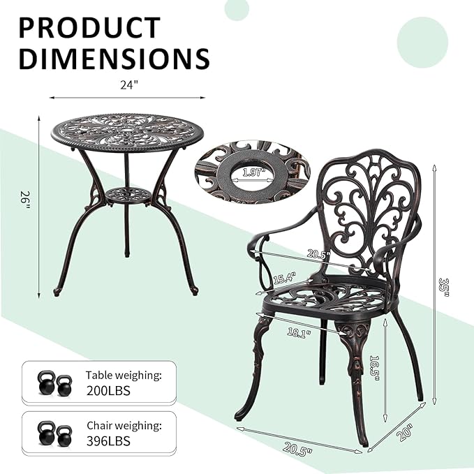 Bistro Set 3 Piece Outdoor,Cast Aluminum Outdoor Bistro Set,All Weather Bistro Table and Chairs Set of 2 with 1.97" Umbrella Hole,Patio Bistro Sets for Backyard, Balcony,Front Porch(Brown)