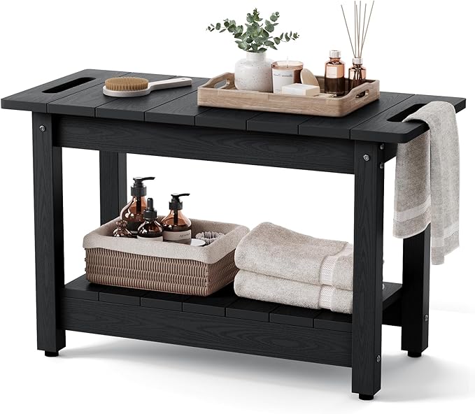 Stoog 24" Shower Bench, Waterproof Shower Stool for Shaving Legs, Adjustable and Non-Slip Feet, Shower Chair for Inside Shower, Black