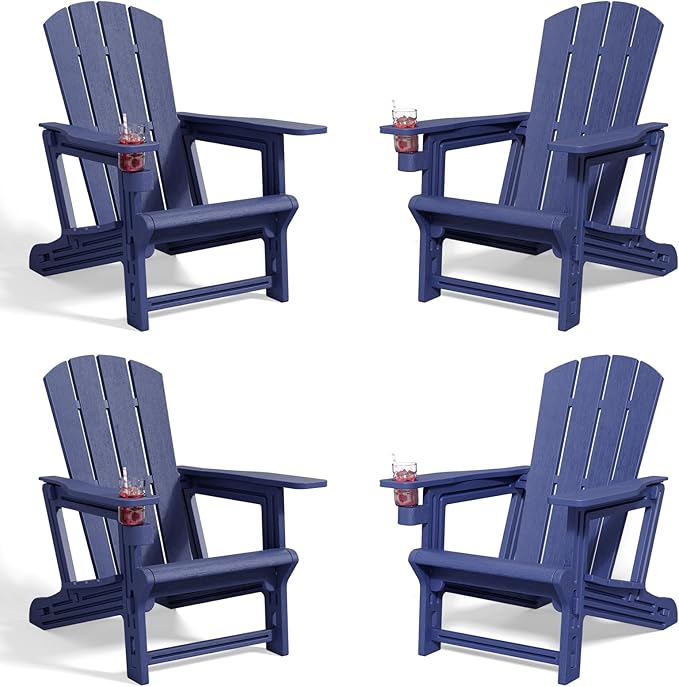 Adirondack Chair Set of 4, All Weather Plastic Adirondack Chairs, Fire Pit Chairs with Cup Holder, Outdoor Lawn Chair for Patio, Garden, Backyard, Navy Blue