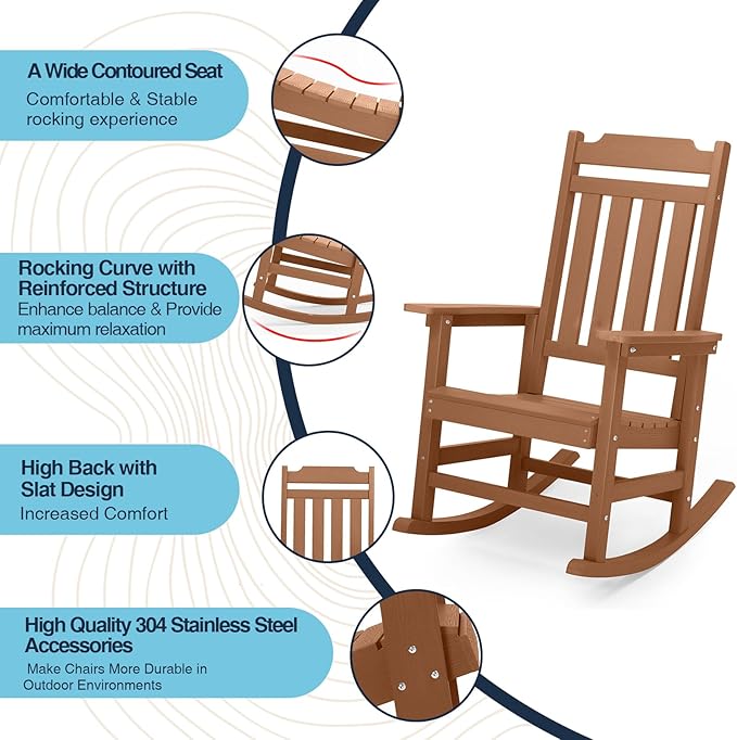 Rocking Chairs Set of 2, All Weather Resistant Poly Lumber Outdoor Porch Rocker, Rocking Chairs for Outdoor, Indoor, Patio, Deck, Garden, Backyard, Load Bearing 380 lbs - Teak