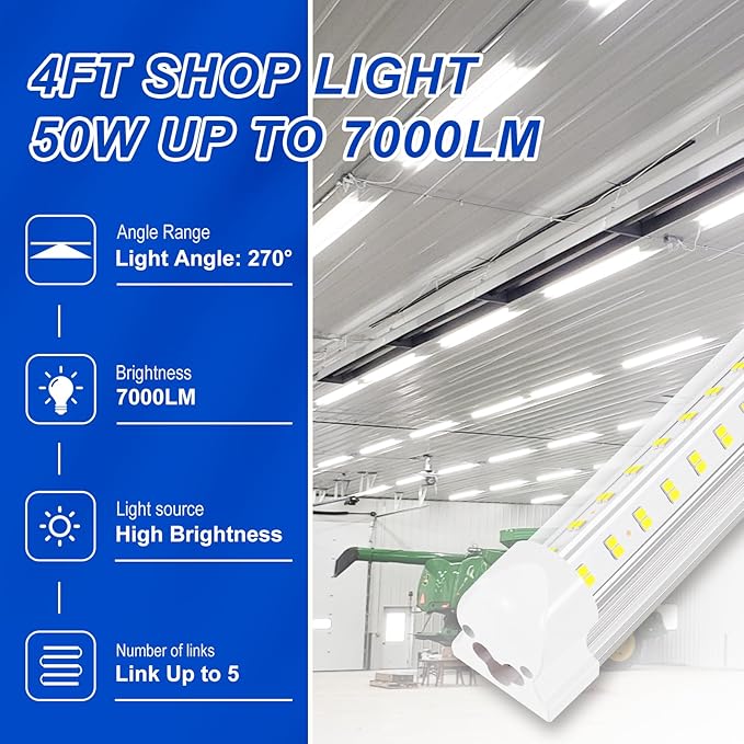 Led Shop Lights,4FT LED Light 50W 6000K 7000LM Led Daylight,Garage Light,Linkable Clear Cover Integrated V-Shape for Garage Warehouse Workbench Workshop(6-Pack)