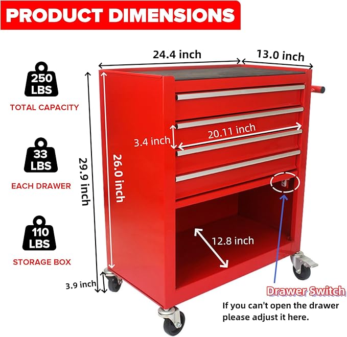 4 Drawers Tool Cart on Wheels,Rolling Tool Box Tool Storage， Drawers Rolling Organizer Tool Case for Garage, Warehouse, Workshop, Repair Shop (4 Drawers(Red))