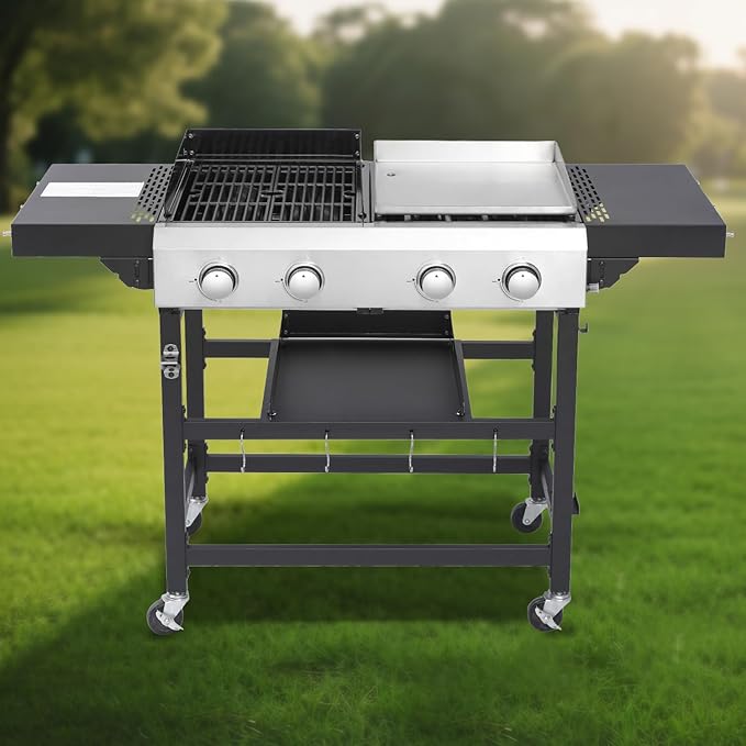 4-Burner Propane Gas BBQ Grill with Stainless Steel Plancha, 38240 BTU Output Stainless Steel Gas Grill w/Cast Iron Grating Mesh, & Foldable Side Table, Hanging Basket for Outdoor & Garden