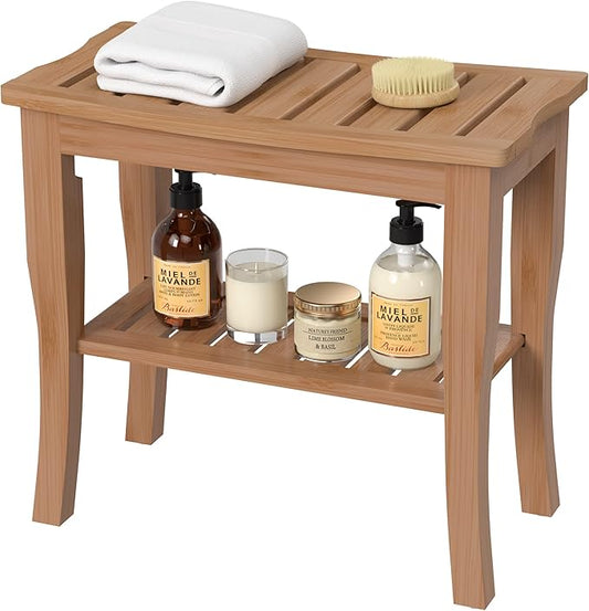 Domax Bamboo Shower Benches for Inside Shower - Bathroom Bench Seat Waterproof Wooden Shower Stool with Storage Shelf for Adults Elderly Seniors Wood Shower Chair for Bathtub or Small Spaces (Walnut)
