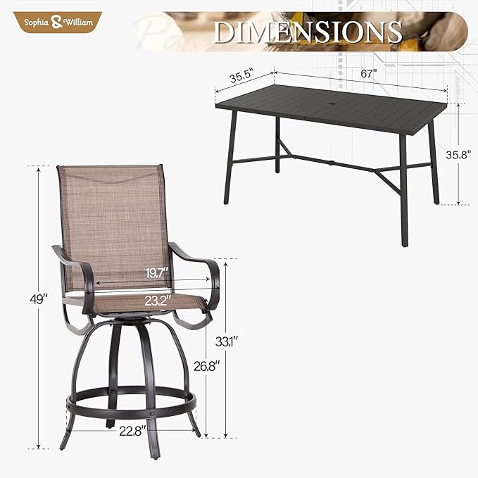 Sophia & William Outdoor Bar Set, Patio Bar Table and Chairs Set, Counter Height Patio Set - 6 x Swivel Bar Chairs, 1 x Rectangular Bar Table for Backyard and Garden