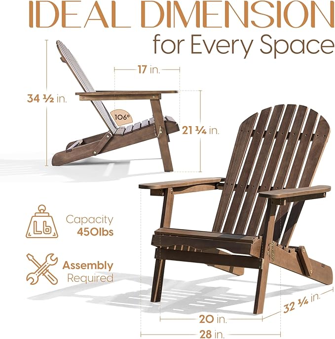 IDZO Outdoor Adirondack Chair Set of 2, Pre-Assembled Backrest, Furniture Set, Outdoor Furniture for Garden, Porch, Deck, Firepit