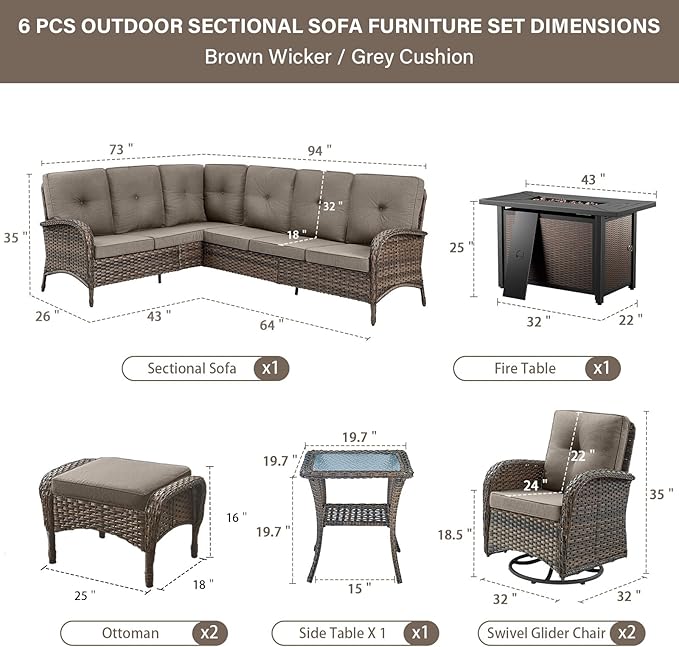 Belord 8 Pieces Patio Conversation Set with 43” Propane Fire Pit Table, Outdoor Sectional Furniture Sofa Set with Removable Cushions for Patio Deck Backyard Brown