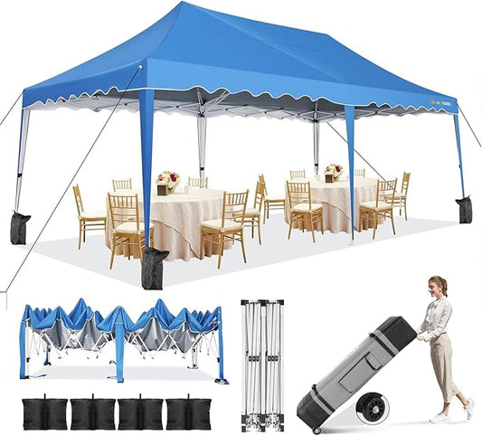 HOTEEL 10x20 Pop Up Canopy Tent, Waterproof Outdoor Shelter with Wheeled Bag & 4 Sandbags, Easy Setup for Backyard Parties, Weddings, Events, and Vendor Use, Blue