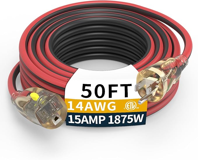 50FT Extra Long Medium Duty Outdoor Extension Cords, 14/3 Gauge Electrical Wire Cable, 15 Amp Waterproof, LED Lighted Locking Plug for Indoor and Outside Use, Power Cord ETL Certified