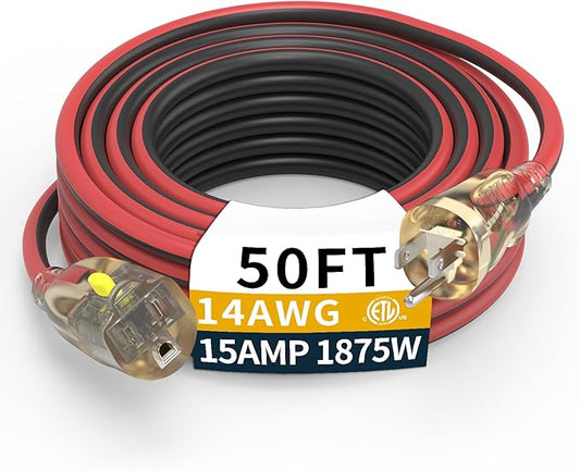 50FT Extra Long Medium Duty Outdoor Extension Cords, 14/3 Gauge Electrical Wire Cable, 15 Amp Waterproof, LED Lighted Locking Plug for Indoor and Outside Use, Power Cord ETL Certified