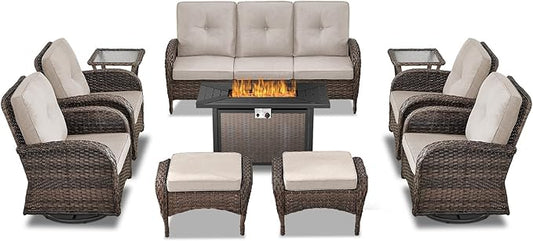 Belord Expansive 10 Pieces Outdoor Patio Furniture Set with 43” Propane Fire Pit Table, Patio Conversation Set with Swivel Rocker Outdoor Chairs Set of 4 and Sofa, Ottoman and Wicker Side Table Brown