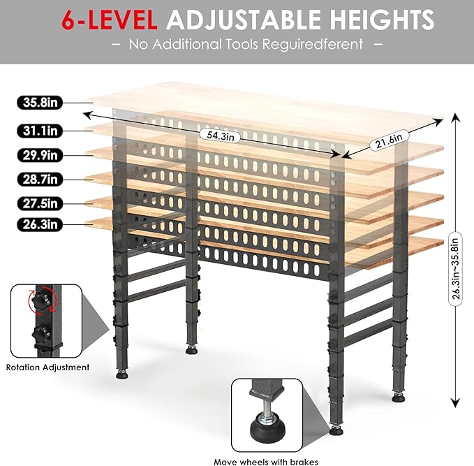 54.3 "Adjustable Workbench with Power Outlet, Heavy Duty 2000 LBS Load Capacity Hardwood Workbench Suitable for Workshop, Office, Garage, Home (Rubber Pad丨Power Outlets 54.3"x21.6")