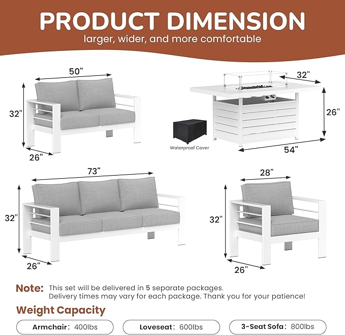 Solaste Aluminum Patio Furniture Set with 55 inch Fire Pit Table, 5 Piece Metal Outdoor Furniture with Water-Resistant Cushions, Modern Patio Conversation Set for Balcony, Front Porch, and Backyard