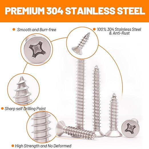450-Piece Stainless Steel Wood & Sheet Metal Screw Assortment – #4 to #12 Phillips Flat Head Self-Tapping Screws (1/4" to 2")