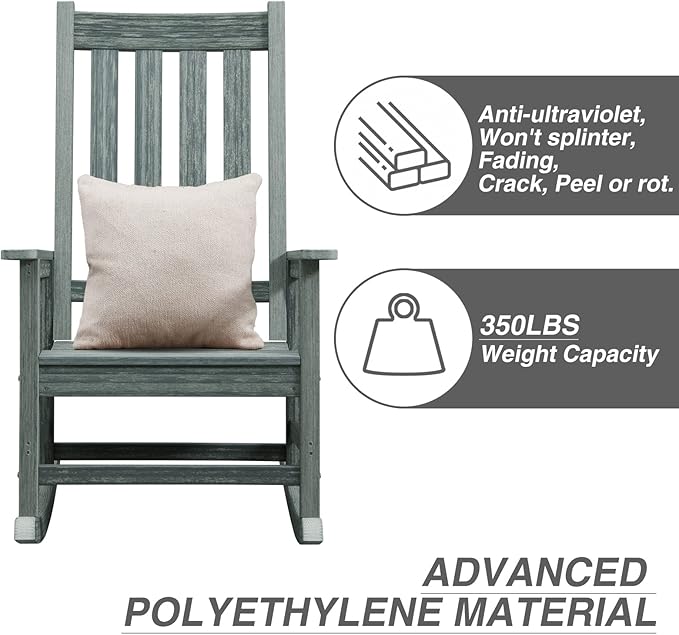 Rocking Chair Outdoor, HDPE Oversized Patio Rocking Chairs, Weather Resistant, 350lbs Heavy Duty Porch Rocker with High Back for Backyard, Fire Pit, Garden and Indoor (Grey)