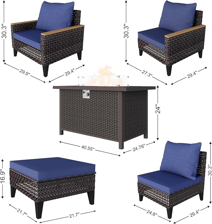 8 Pieces Outdoor Patio Furniture Set, Wicker Rattan Conversation Set with Fire Pit Table and Foot Rest, Sectional Modular Sofa Couches Chairs Ottomans for Deck, Balcony, Backyard, Yard (Blue Cushions)