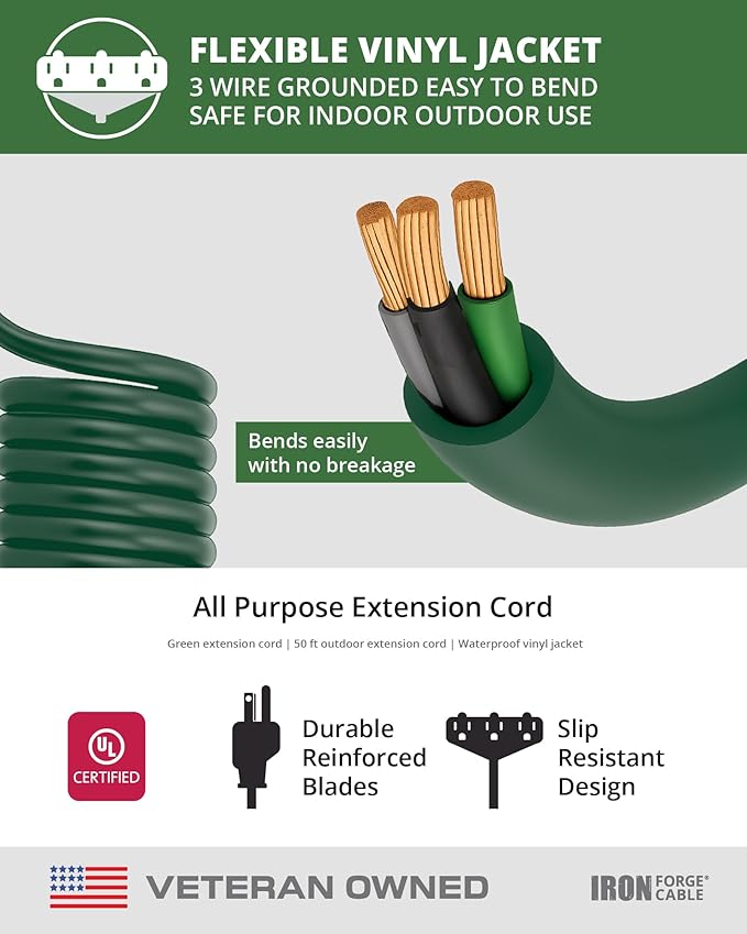 Iron Forge Cable 50ft Green Outdoor Extension Cord with 3 Outlets - 16/3 SJTW 50ft Extension Cord 3 Prong, 13 Amp All-Weather Heavy Duty Power Cable