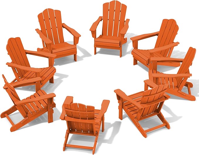 KINGYES Folding Adirondack Chair Set of 8, HDPE All-Weather Folding Adirondack Chair, Orange