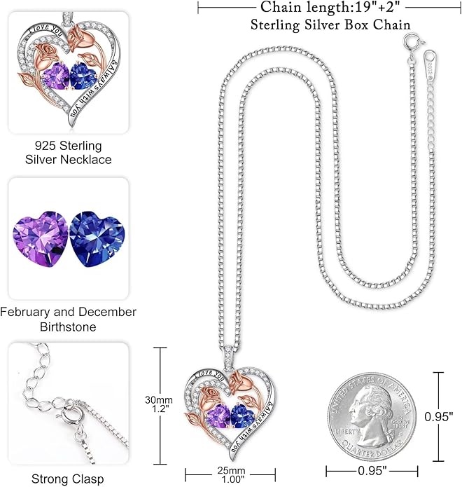 Iefil Christmas Gifts for Women Wife - 925 Sterling Silver Rose Heart Birthstone Necklace Birthday Anniversary Jewelry Gifts for Her Wife Mom Daughter
