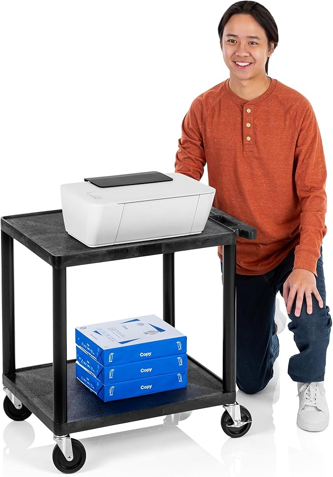 Stand Steady Tubstr Compact 2 Shelf Utility Cart | Made in USA | Easy-Load Flat Shelves Hold Up to 300 lbs | Space-Saving Storage Cart & Rolling Tool Cart for School, Office & Garage (24 x 18in/Black)