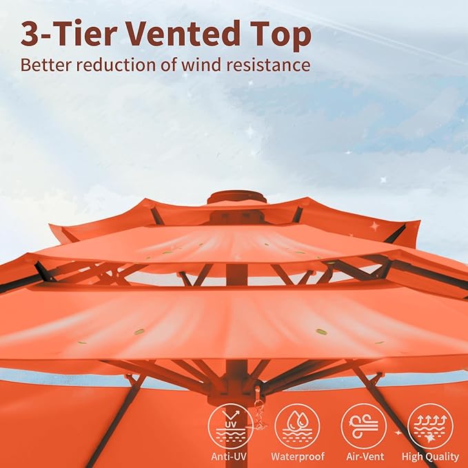 9FT 3 Tiers Patio Umbrella With Auto Tilt and Crank, Outdoor Table Market Umbrella with 8 Sturdy Ribs for Garden,Lawn,Deck,Backyard and Pool,Orange
