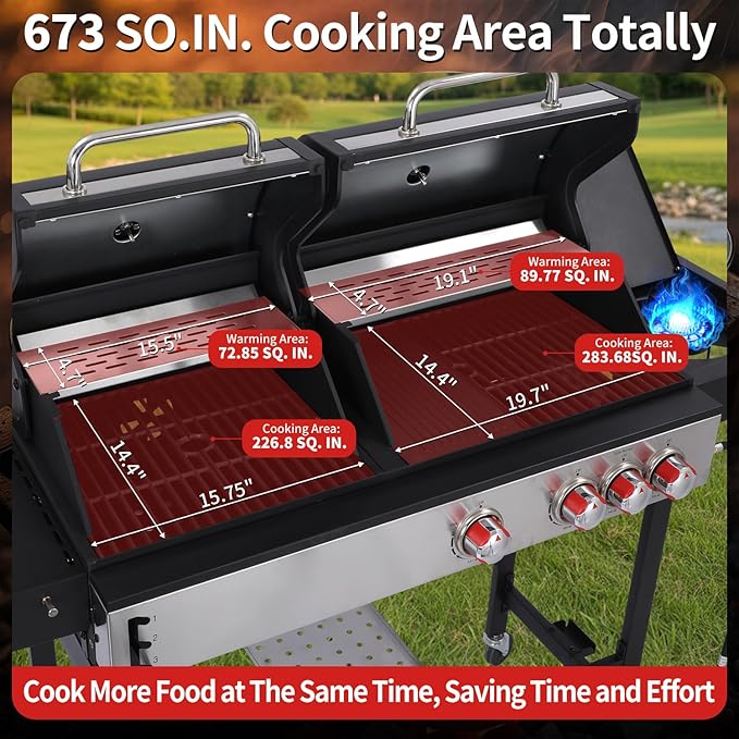Charcoal Grill and 3-Burner Propane Gas Grill Combo with Side Burner & Porcelain-Enameled Cast Iron Grate, Dual Fuel BBQ Grill with Easy-Clean System for Outdoor Events & Backyard Barbecue