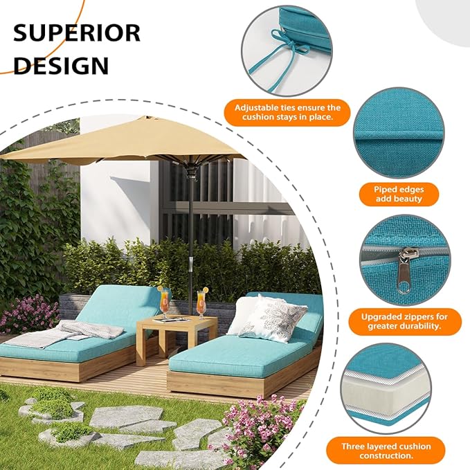 Sundale Outdoor Olefin Chaise Lounge Cushion Set of 2, Water-Resistant Patio Lounge Chair Cushion, Thick Lounger Pad with 4 Straps Teal, 80 x 26 x 4 Inches