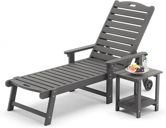 LUE BONA Chaise Lounge Chair with Table, 2-Piece,79'' Oversized HDPS Chaise Lounger, 5 Positions Adjustable Lounge Chairs, Pool Lounge Chair with Wheels for Poolside, 3 Year Warranty, Dark Gray