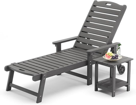 LUE BONA Chaise Lounge Chair with Table, 2-Piece,79'' Oversized HDPS Chaise Lounger, 5 Positions Adjustable Lounge Chairs, Pool Lounge Chair with Wheels for Poolside, 3 Year Warranty, Dark Gray