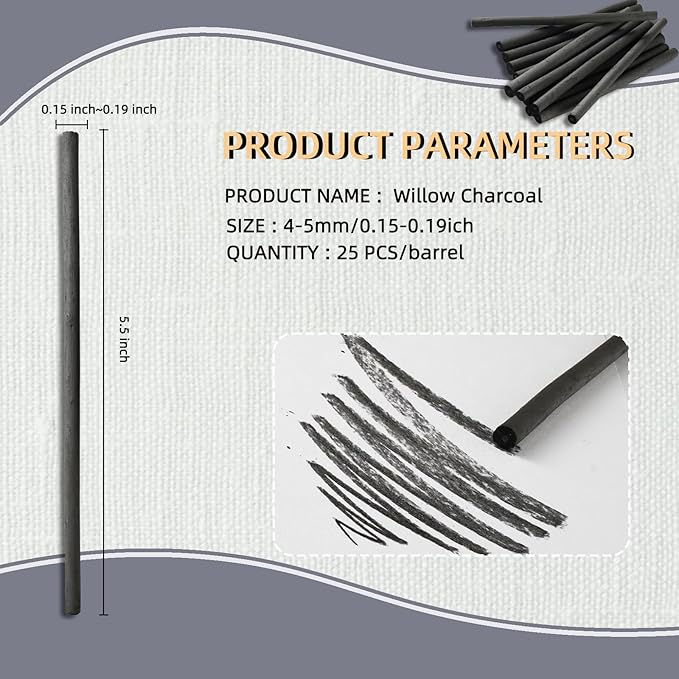 25 PCS Willow Charcoal Sticks, Ideal for Artists, Beginners, Students, Perfect for Sketching, Drawing, Shading, and Fine Art, 5.7 Inches Long, 2-4,4-5,5-7,7-9 (4-5)