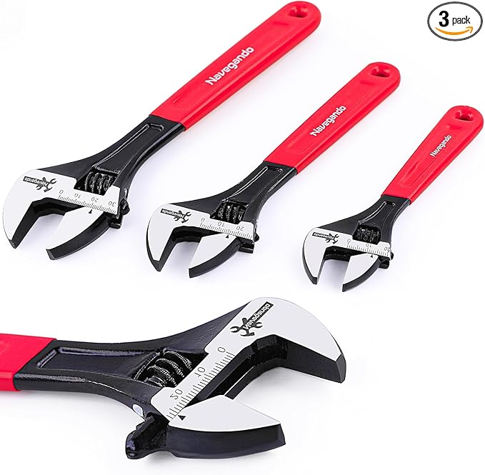 Navegando Adjustable Wrench Set, 3-Piece Adjustable Wrenches 6-inch, 8-inch, 10-inch, Extra-Wide Jaw and Soft Grip Wrench Set, for Automotive, Plumbing, Household Repairs