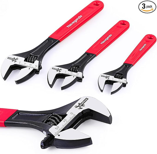 Navegando Adjustable Wrench Set, 3-Piece Adjustable Wrenches 6-inch, 8-inch, 10-inch, Extra-Wide Jaw and Soft Grip Wrench Set, for Automotive, Plumbing, Household Repairs