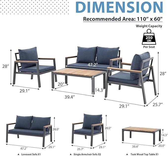 JOIVI Aluminum Patio Furniture Set, 4 Pieces Outdoor Conversation Set with Teak Wood Top Coffee Table, Sectional Sofa Set with Wood Armrest and Cushions for Outside Poolside, Lawn, Backyard, Navy Blue