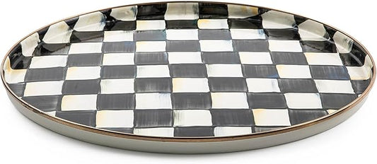MACKENZIE-CHILDS Enamel Round Tray, Unique Serving Platter for Food and Drinks, Black-and-White Courtly Check