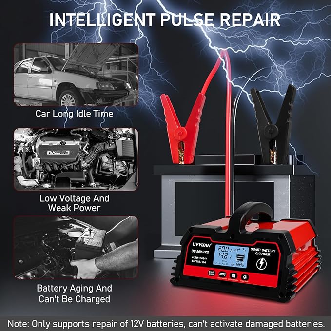 LVYUAN 20A 12V/24V Battery Charger, Smart Car Battery Charger with Trickle Charger, 12V LiFePO4 Charger,Car Battery Maintainer with LCD Display, Suitable for Trucks,AMG,Motorcycles