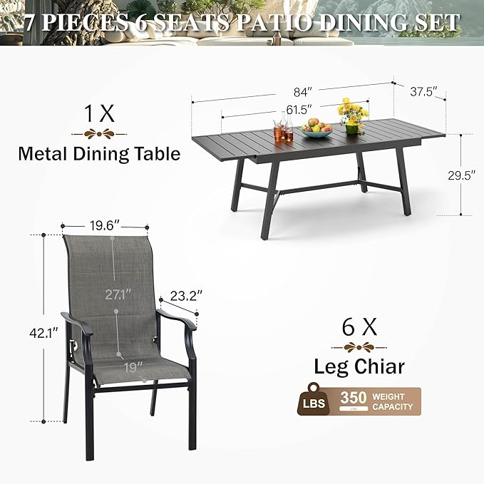 HERA'S HOUSE Patio Dining Set for 6, 7 Piece Table Chairs Set with 6 All Weather High Back Dining Chairs and Extendable Large Surface Metal Table, Outdoor Furniture Dining Set for Lawn, Garden, Porch