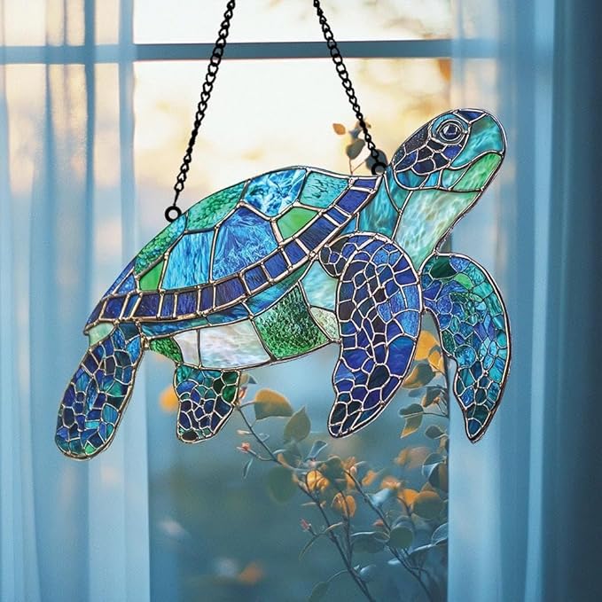 Sea Turtle Lovers Christmas Ornament Ocean Creatures Suncatcher Window Hanging Acrylic Stained Glass Effect Art Boho Garden Decor Unique Coastal Gift for Mom Thanksgiving