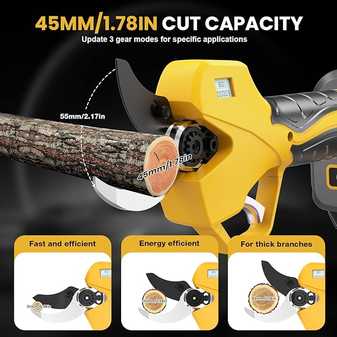 Electric Pruning Shears, Lopper 1.5-2In(50mm),2 * 2000mAh 21V Battery, Professional Cordless Pruning Shears with LCD Display 1000W Brushless Motor Perfect for Tree Trimming Gardening, Garden Orchard