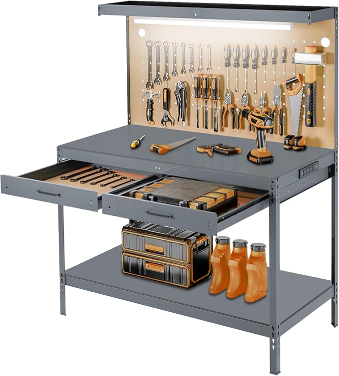 Work Bench, A3 Steel Garage Storage Workbench with Drawers Pegboard 600LBS Capacity Work Tool Bench, Workbench for Garage Workshop Basement, Work Table Light Gray