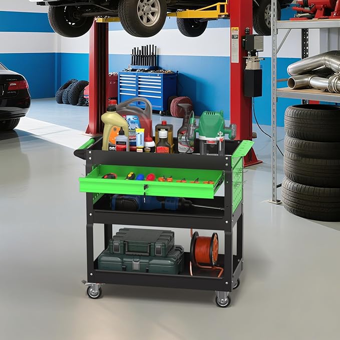 3 Tray Rolling Tool Cart, 400 LBS Capacity Mechanic Tool Carts on Wheels, Heavy Duty Utility Cart with Drawers, Metal Work Cart for Garage, Warehouse and Repair Shop, Blackgreen