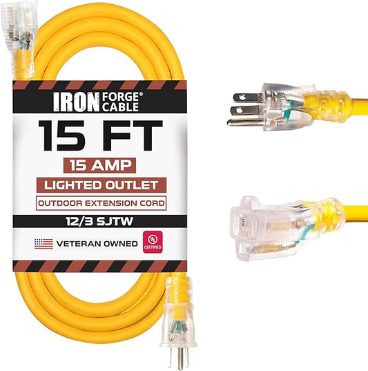 IRON FORGE CABLE 15 Foot Lighted Outdoor Extension Cord - 12/3 SJTW Heavy Duty Yellow Extension Cable with 3 Prong Grounded Plug for Safety, 15 AMP - Great for Garden and Major Appliances
