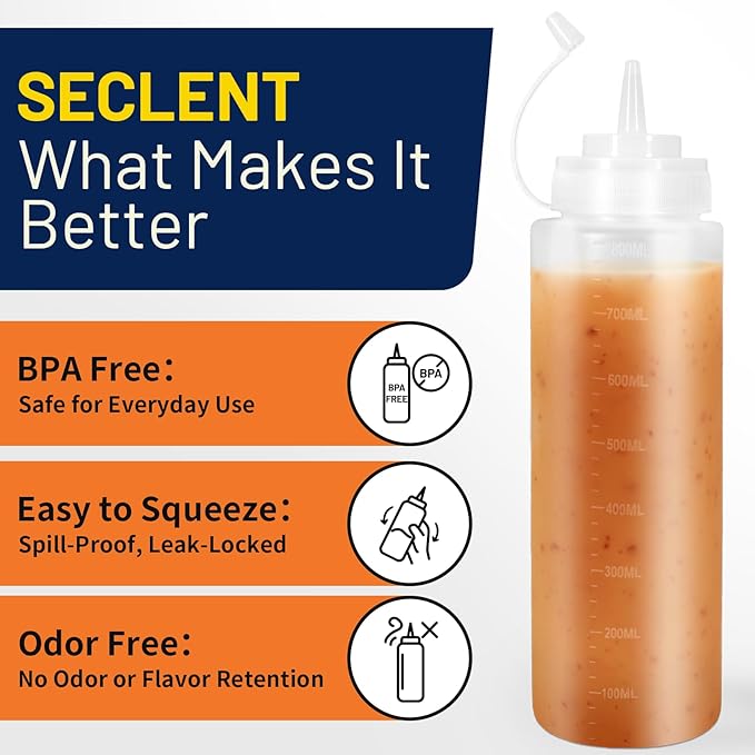 32 oz Condiment Squeeze Bottles, Salad Dressing Container, Ketchup and Mustard Bottles Squeeze, Sauces Bottle for Home and Kitchen, Dressing Bottle for Oil, Paint, BBQ, Honey - 6 Pack